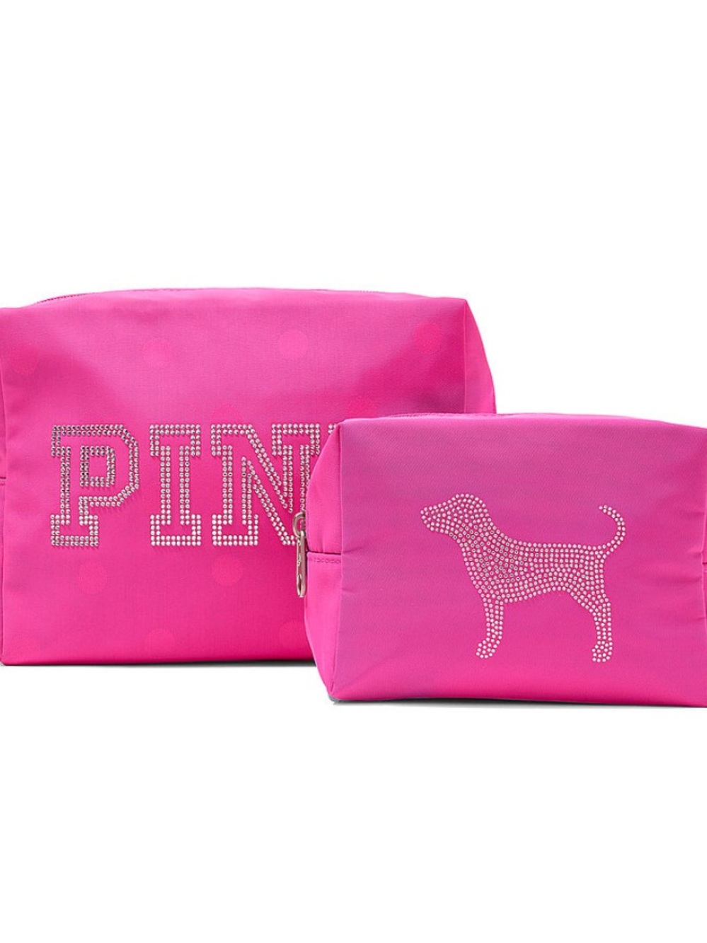 New Victoria’s Secret PINK Cosmetic Bag Set 2 Diamanté Top Zip Makeup Case Duo